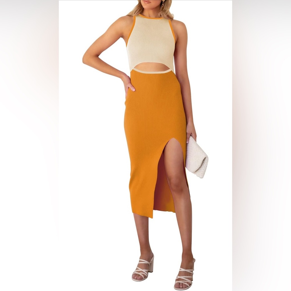 Sleeveless Cut Out Midi Dress Large Stretchy Orange Cream Colorblock Summer NEW
